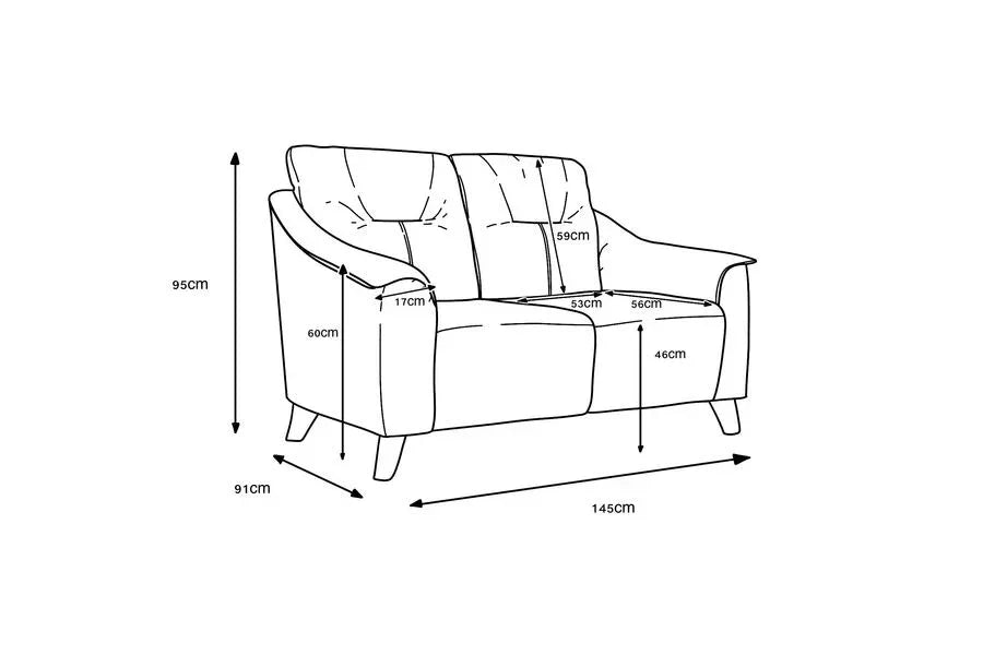 Two seater sofa line drawing with detailed dimensions for height, width, and seat depth