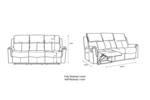Bergamo Leather 3 Seater Recliner Sofa-Dark Grey