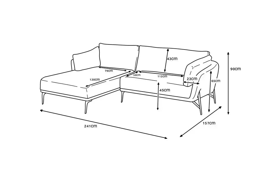 Corner sofa dimensions diagram showing seat, back, and armrest measurements