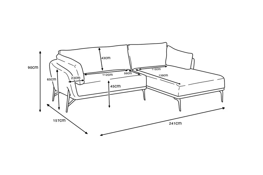 Corner sofa with chaise, black line drawing showing detailed measurements and dimensions in cm