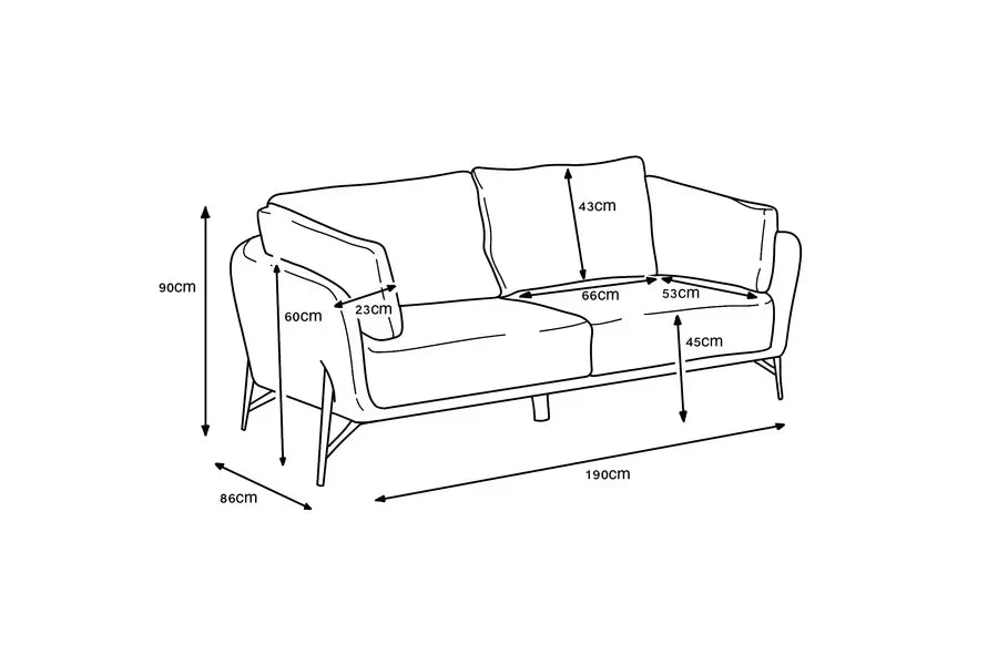 Sofa dimensions diagram with labeled seat, back, armrest, height and width measurements