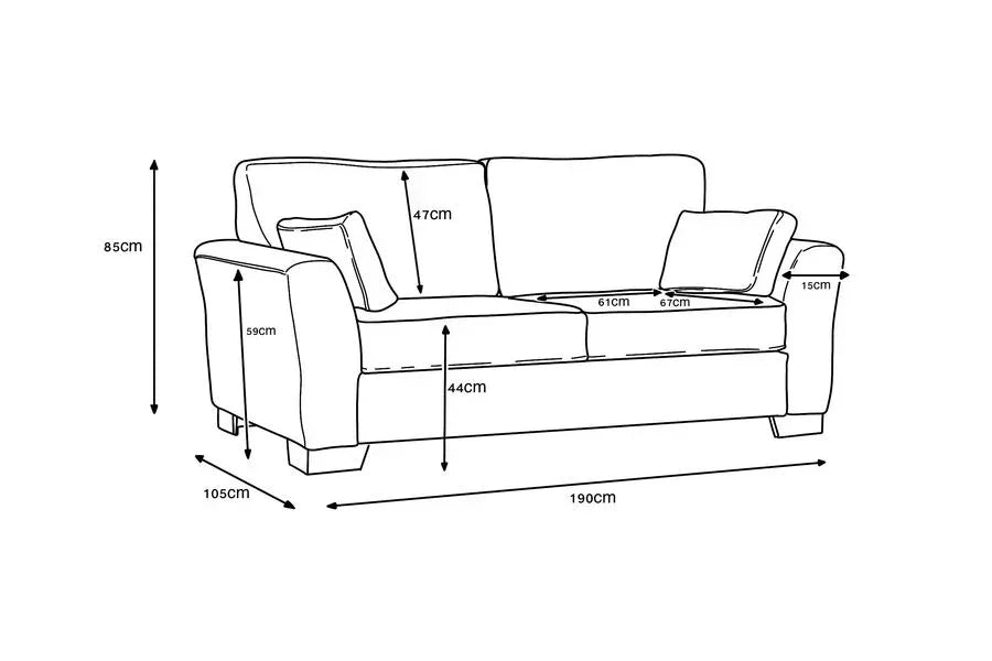 Two seater sofa with cushions and detailed measurements for width, height, and depth shown