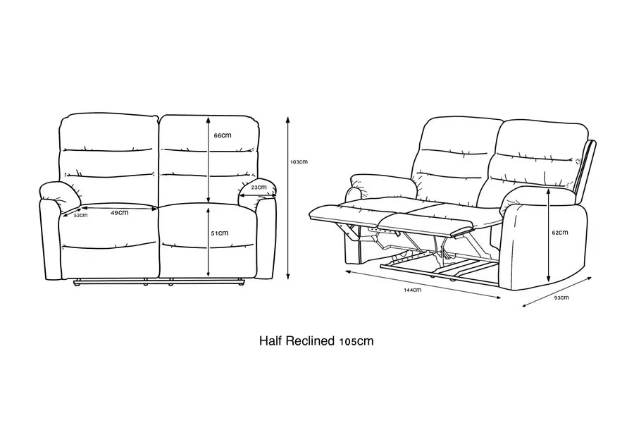 Two-seater recliner sofa line drawing with dimensions and half reclined seat view