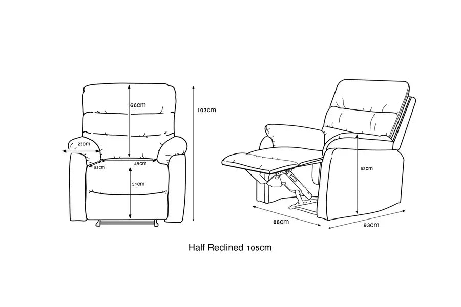 Recliner chair dimensions with front and side diagrams, seat and backrest measurements shown