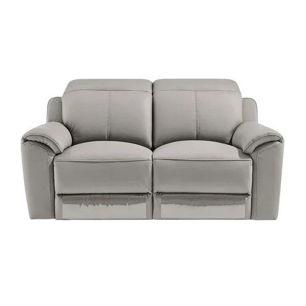 Grey leather recliner sofa with padded armrests and stitched detailing, front view
