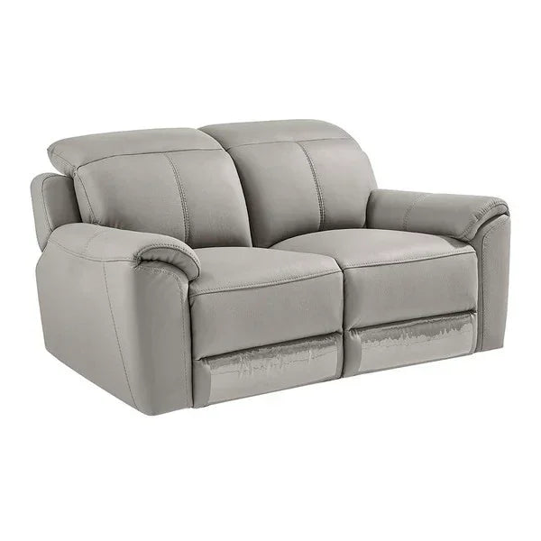 Light grey leather reclining sofa with padded seats and stitch detail, front angle view