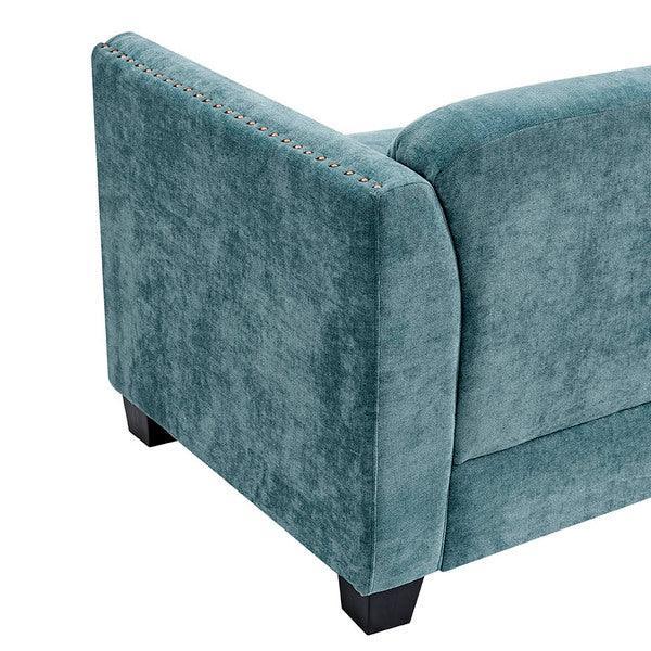 Teal fabric sofa with studded armrest and dark wood legs, rear side view