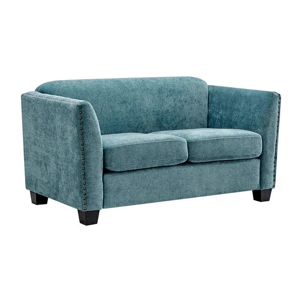 Teal fabric sofa with nailhead trim and dark wooden legs, front angle view