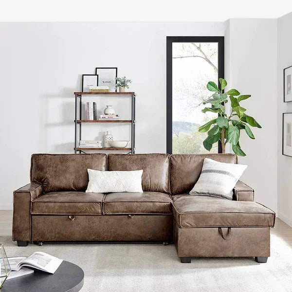 Brown corner sofa with storage chaise and cushions in a modern living room