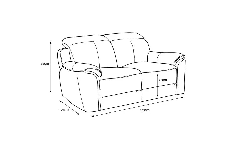 Sofa line drawing with 159cm width, 100cm depth, 82cm height and 48cm seat height measurements