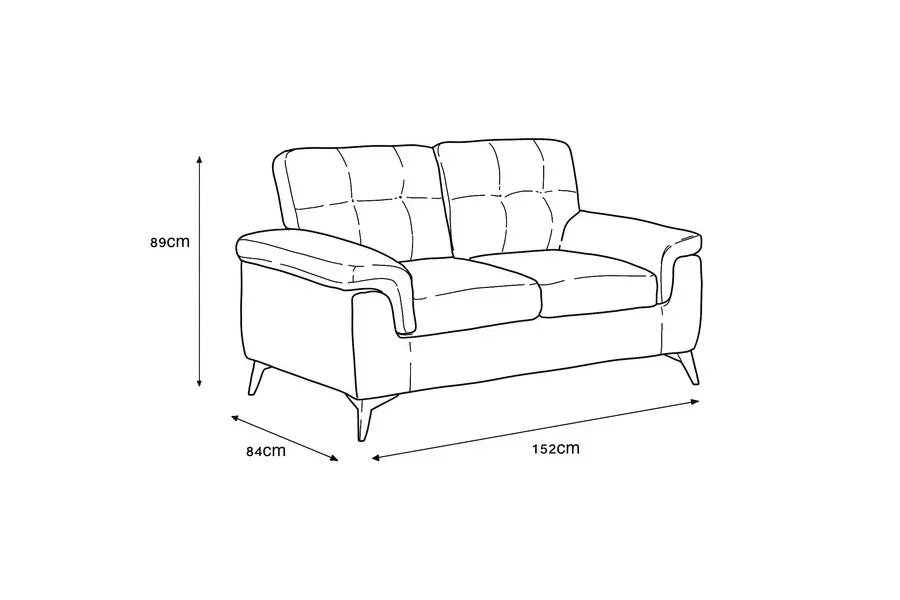 Two seater sofa line drawing with detailed dimensions including height, width and depth