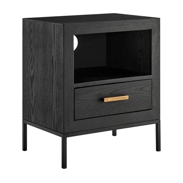 Black wood bedside table with open shelf, single drawer and gold handle on metal legs
