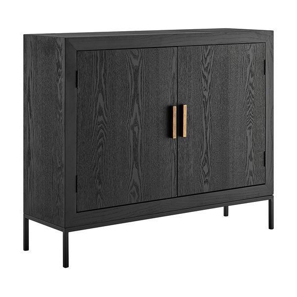 Black wood sideboard cabinet with gold handles and slender metal legs