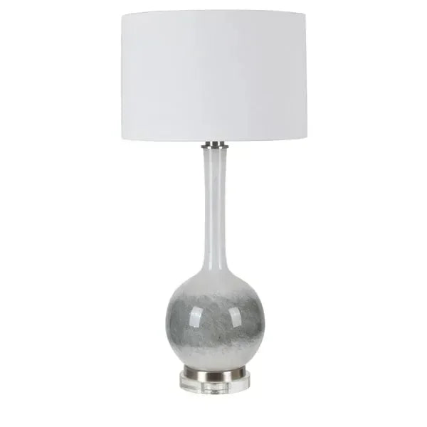Grey ceramic table lamp with round base and white drum shade