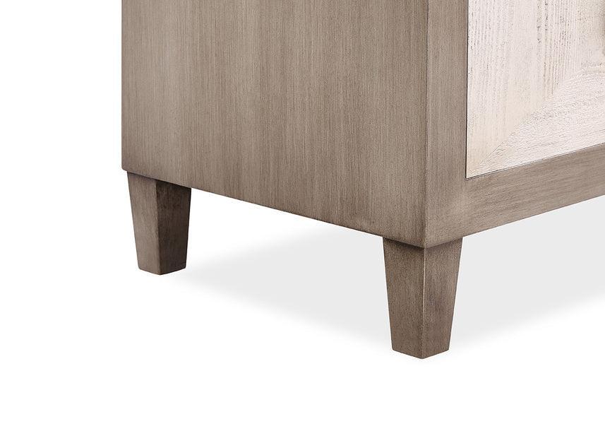 Closeup of wooden cabinet corner with tapered legs and natural wood grain finish