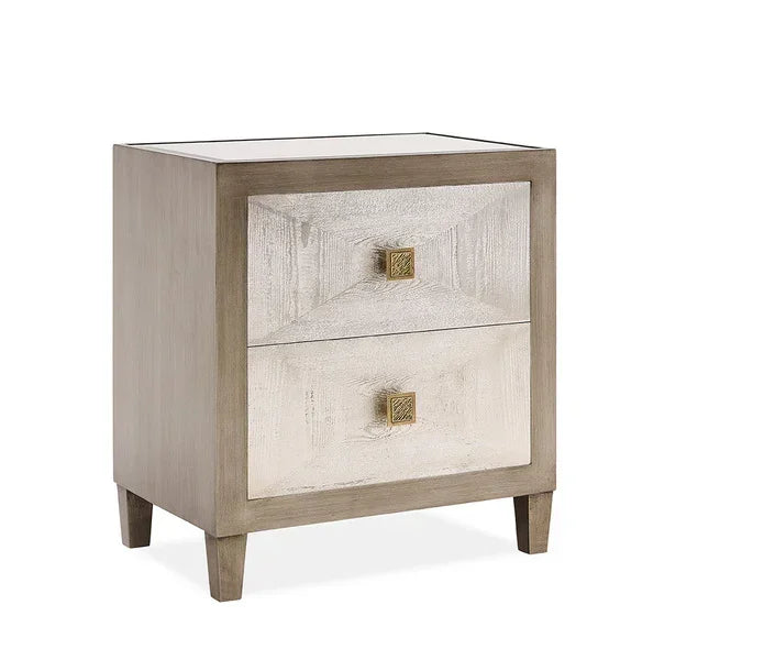 Modern two drawer bedside table with square gold handles and textured light wood finish