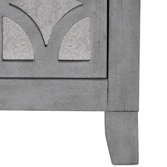 Grey wooden furniture leg with geometric glass inlay panel detail