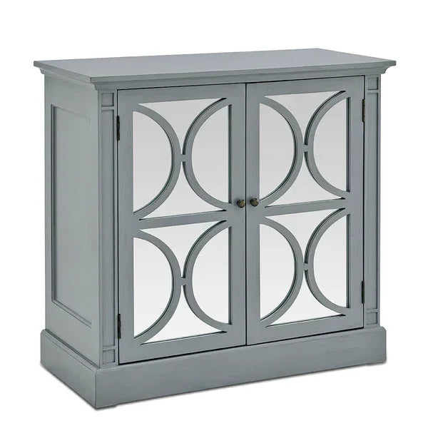 Grey wooden mirrored sideboard cabinet with double doors and geometric panel detail