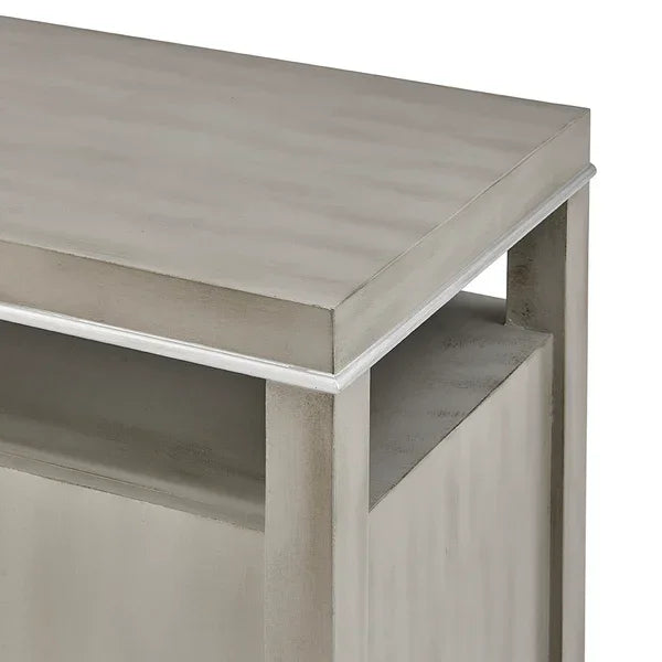 Light grey wooden console table with open shelf and clean rectangular lines