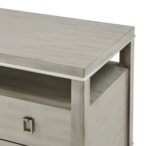 Light wood side table with drawer and open shelf, square metal handle detail