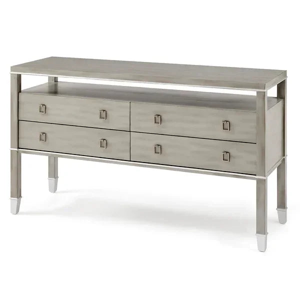 Light grey console table with four drawers and open shelf, metal handles and modern design