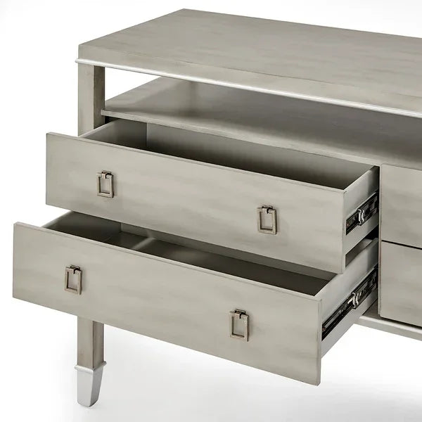 Light grey wooden console table with two open storage drawers and modern metal handles