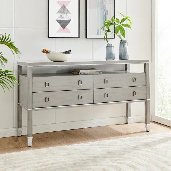 Grey console table with four drawers, modern metal handles and open shelf, styled in hallway