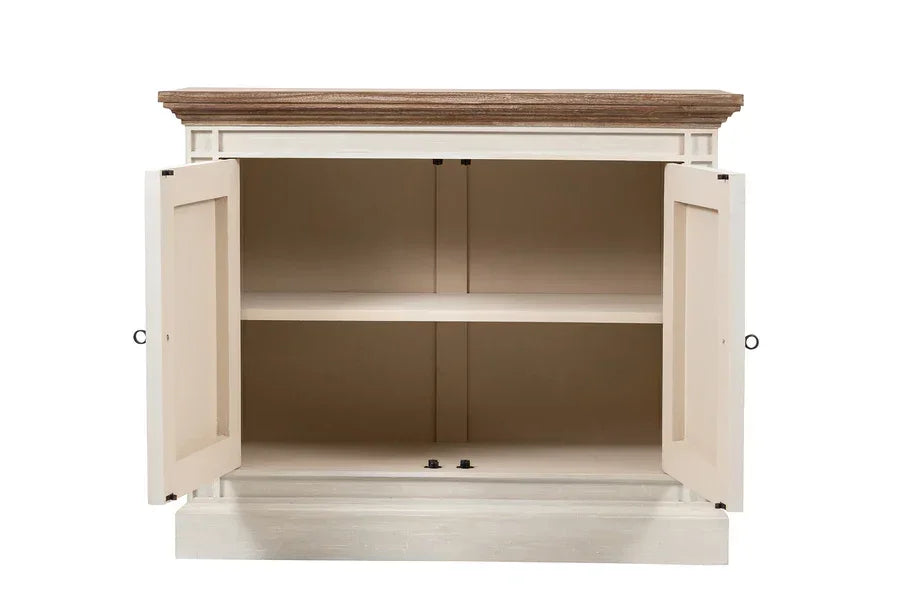 Cream wooden sideboard cabinet with open doors and internal shelf, oak top surface