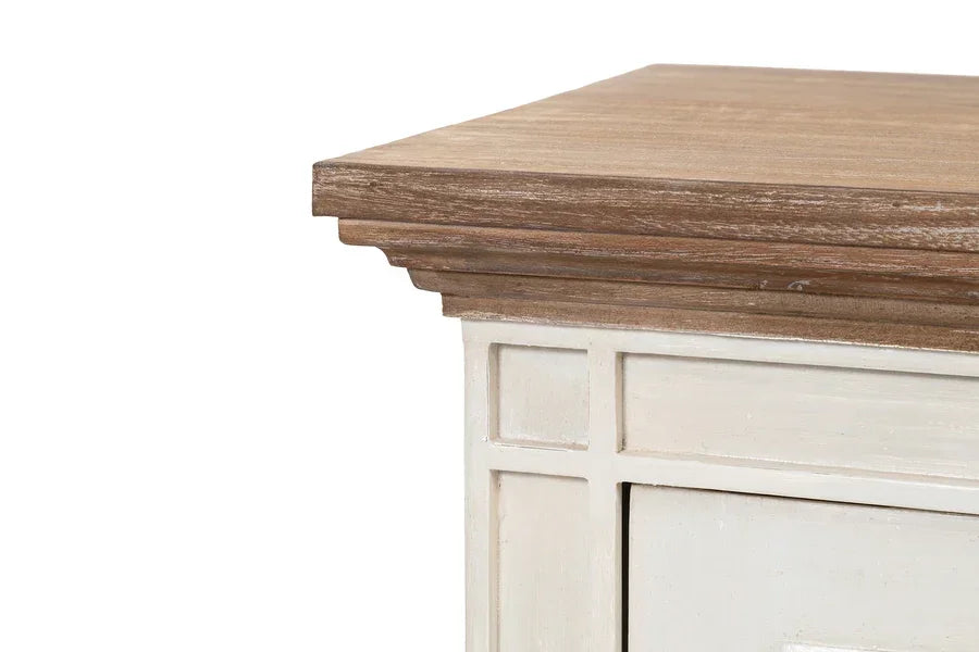 Corner detail of wooden sideboard with light oak top and cream painted body