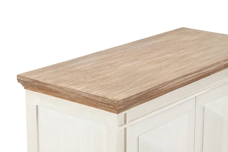 Wooden sideboard with natural finish top and white painted cabinet doors, angled view
