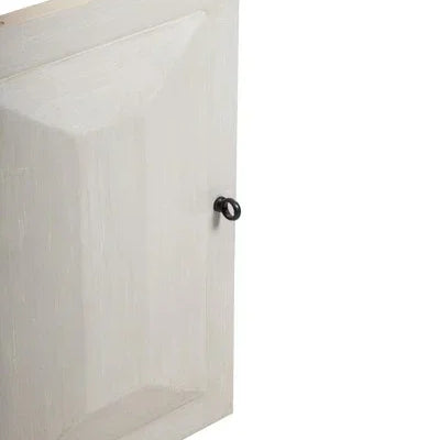Closeup of white wooden cabinet door with black metal handle