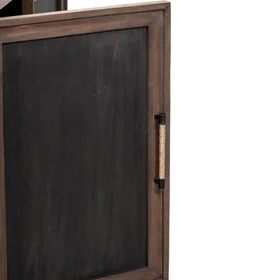 Wooden sideboard cabinet door with black panel and gold handle partially open