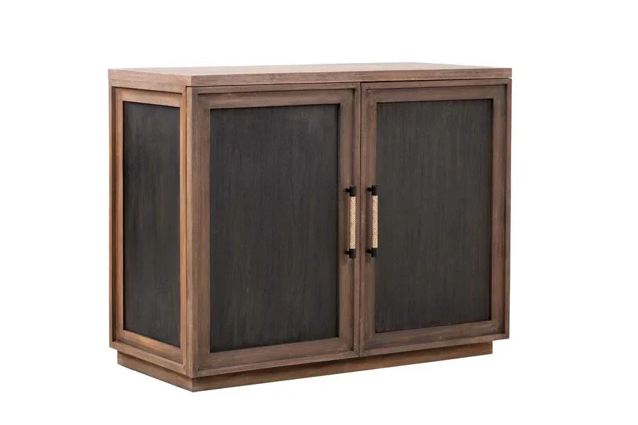 Modern wooden sideboard with dark panel doors and gold textured handles