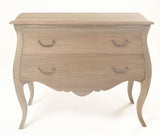 Light wood bombe chest with two drawers and curved legs