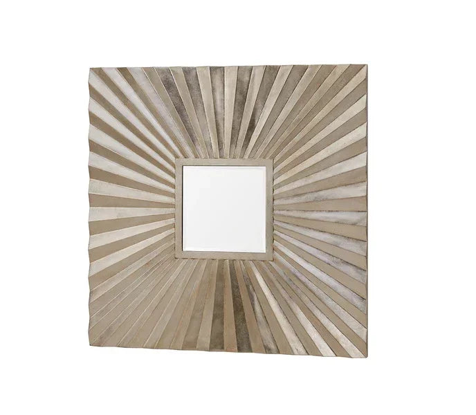 Square sunburst wall mirror with metallic silver and gold rays