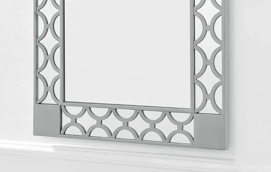 Rectangular wall mirror with geometric silver metal frame detail