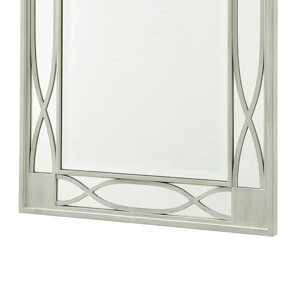 Rectangular wall mirror with silver geometric metal frame and beveled glass