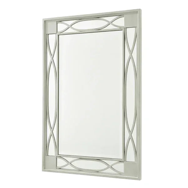 Rectangular wall mirror with decorative silver geometric frame detail