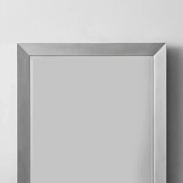 Modern rectangular wall mirror with silver metal frame against white background