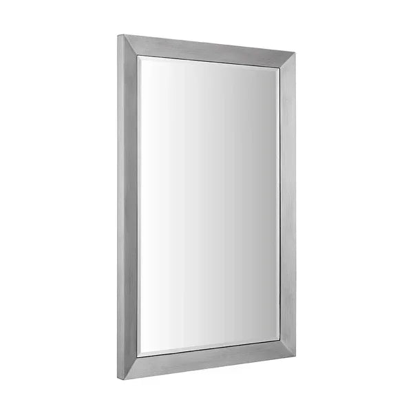 Rectangular wall mirror with wide silver metal frame angled to the left