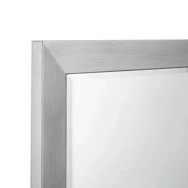 Brushed silver mirror frame with corner detail and clean lines
