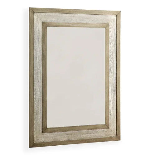 Rectangular wall mirror with wide wood frame and natural finish against white background