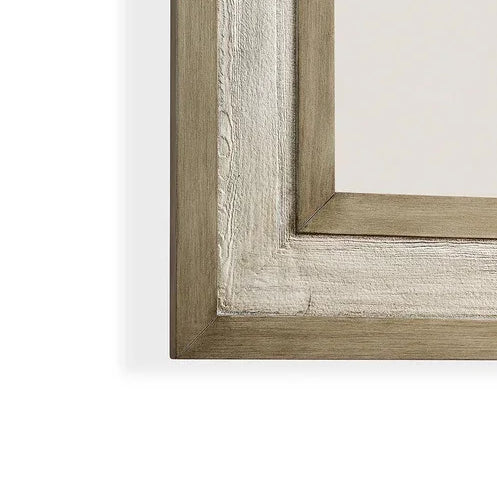 Rustic wood mirror frame close-up showing natural grain and textured finish