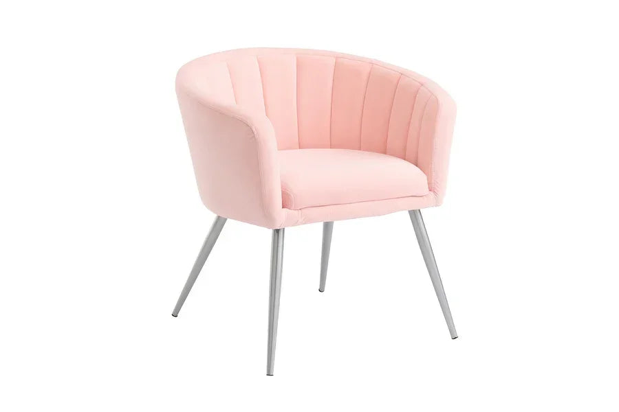 Pink velvet accent chair with channel-tufted back and silver metal legs