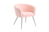 Pink velvet accent chair with channel-tufted back and silver metal legs
