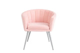 Pink velvet accent chair with chrome legs and curved backrest front view