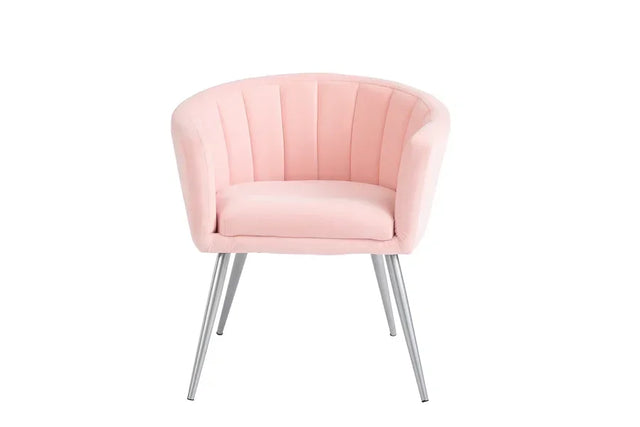 Pink velvet accent chair with chrome legs and curved backrest front view