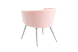 Pink accent chair with curved back and sleek metal legs, rear angled view