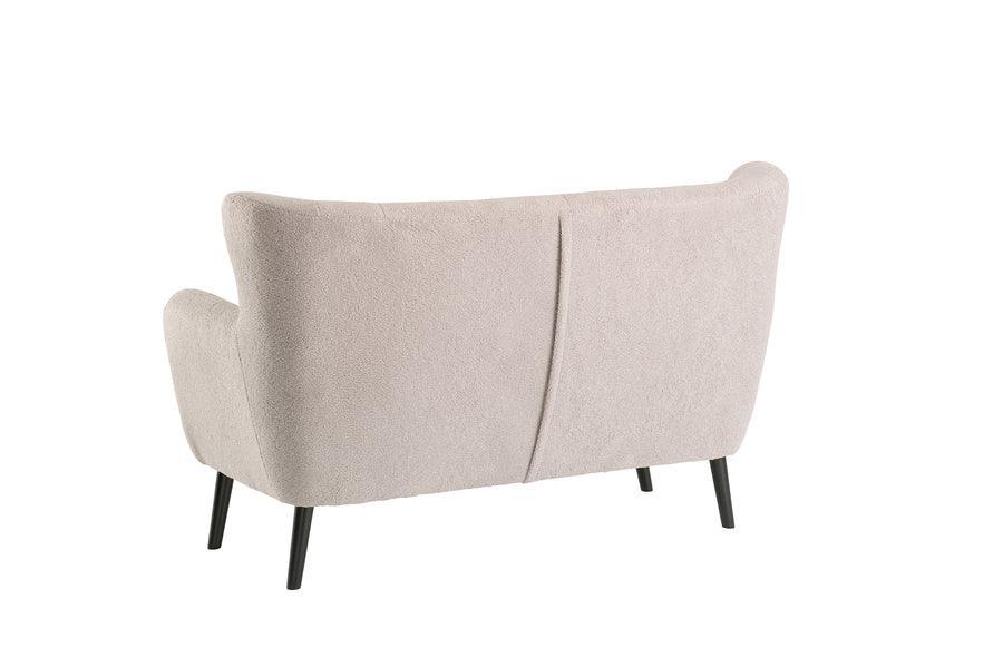 Light beige fabric sofa back view with black legs, modern two-seater sofa design