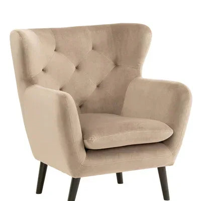 Beige fabric armchair with button-tufted back and angled wooden legs
